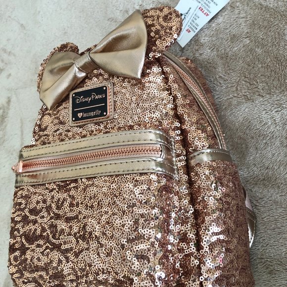 NWT Loungefly Disney Minnie Rose Gold Pink Sequin Mini Backpack Rare Heart Logo - Picture 5 of 8
